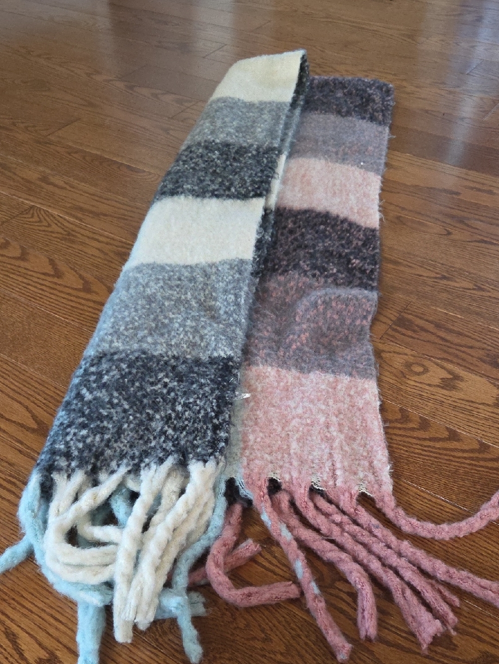 Striped Cozy Knit Scarf in Gray, Cream & Dusty Pink